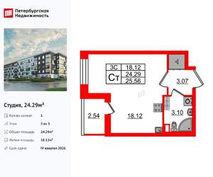 Студия квартира, вторичка, 24м2, 5/5 этаж