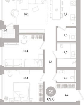 2-к квартира, вторичка, 70м2, 2/17 этаж