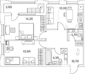 2-к квартира, строящийся дом, 61м2, 13/13 этаж