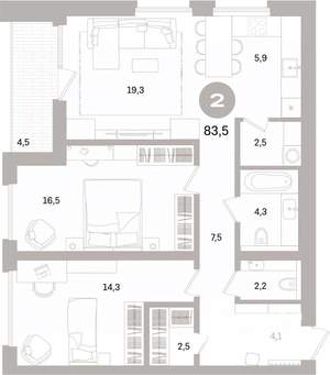 2-к квартира, вторичка, 84м2, 12/16 этаж