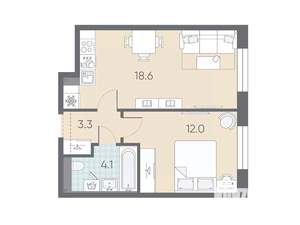 1-к квартира, вторичка, 38м2, 2/12 этаж