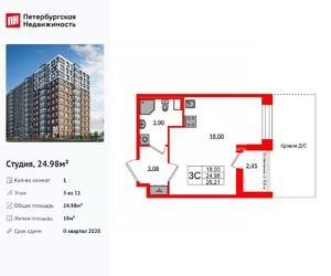 Студия квартира, вторичка, 25м2, 3/11 этаж