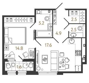 1-к квартира, вторичка, 48м2, 2/9 этаж