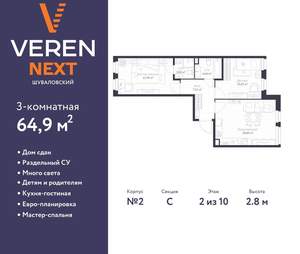 2-к квартира, сданный дом, 65м2, 2/10 этаж