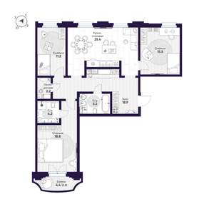 3-к квартира, строящийся дом, 103м2, 7/9 этаж