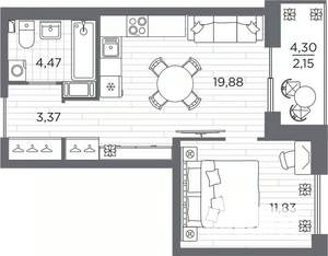 1-к квартира, вторичка, 42м2, 2/25 этаж