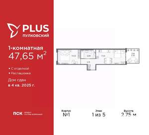 1-к квартира, сданный дом, 48м2, 1/5 этаж