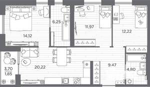 3-к квартира, вторичка, 81м2, 1/25 этаж
