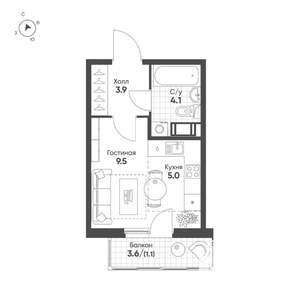 Студия квартира, вторичка, 24м2, 6/12 этаж