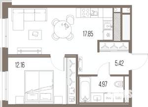 1-к квартира, строящийся дом, 40м2, 9/10 этаж