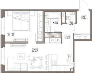 1-к квартира, строящийся дом, 48м2, 7/10 этаж