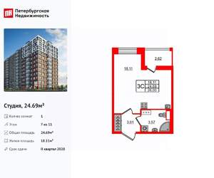 Студия квартира, вторичка, 25м2, 7/11 этаж