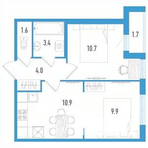 2-к квартира, строящийся дом, 41м2, 2/12 этаж