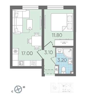 1-к квартира, вторичка, 35м2, 16/25 этаж
