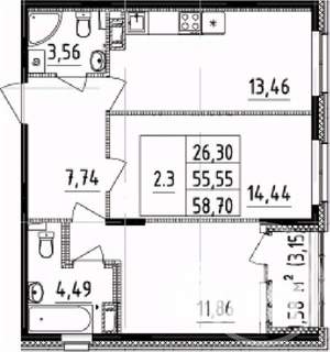 2-к квартира, сданный дом, 59м2, 13/14 этаж