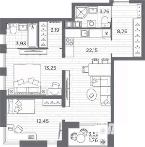 2-к квартира, вторичка, 69м2, 9/25 этаж