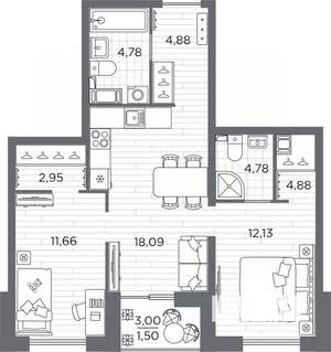 2-к квартира, вторичка, 61м2, 18/25 этаж