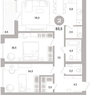 2-к квартира, вторичка, 84м2, 3/17 этаж