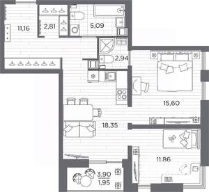 2-к квартира, вторичка, 69м2, 9/25 этаж
