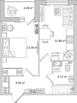 1-к квартира, строящийся дом, 37м2, 12/14 этаж