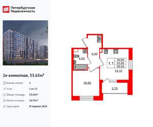 1-к квартира, вторичка, 34м2, 1/12 этаж