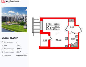 Студия квартира, вторичка, 25м2, 1/5 этаж