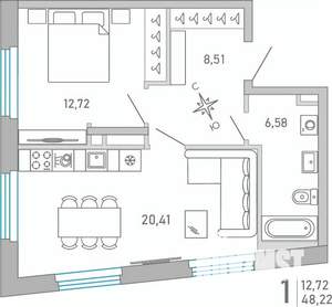 1-к квартира, вторичка, 48м2, 2/10 этаж