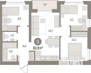 3-к квартира, вторичка, 62м2, 8/12 этаж
