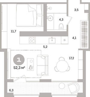 1-к квартира, вторичка, 52м2, 15/16 этаж