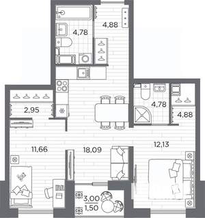 2-к квартира, вторичка, 61м2, 17/25 этаж