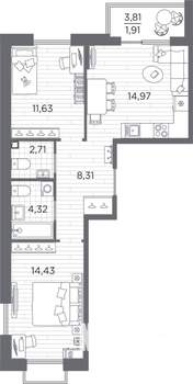2-к квартира, вторичка, 58м2, 2/13 этаж