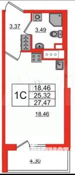 Студия квартира, вторичка, 25м2, 6/25 этаж