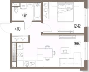 1-к квартира, строящийся дом, 42м2, 5/10 этаж