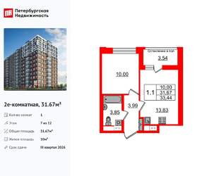 1-к квартира, вторичка, 32м2, 7/12 этаж