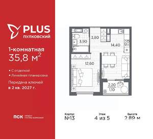 1-к квартира, вторичка, 36м2, 4/5 этаж