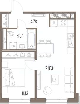 1-к квартира, строящийся дом, 42м2, 8/10 этаж