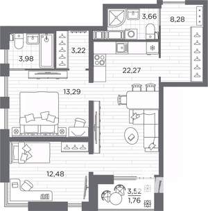 2-к квартира, вторичка, 69м2, 18/25 этаж
