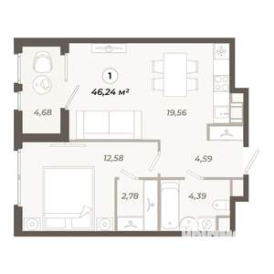 1-к квартира, вторичка, 46м2, 7/12 этаж