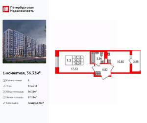 1-к квартира, вторичка, 36м2, 11/12 этаж