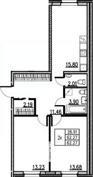 2-к квартира, вторичка, 62м2, 2/11 этаж