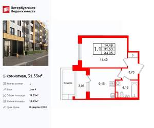 1-к квартира, вторичка, 32м2, 1/4 этаж