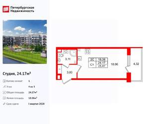 Студия квартира, вторичка, 24м2, 4/5 этаж