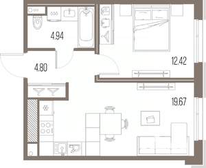 1-к квартира, строящийся дом, 42м2, 9/10 этаж