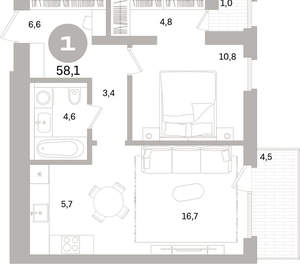 1-к квартира, вторичка, 58м2, 3/17 этаж
