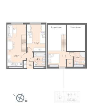 1-к квартира, вторичка, 59м2, 4/4 этаж