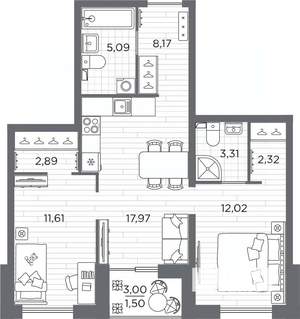 2-к квартира, вторичка, 62м2, 1/25 этаж