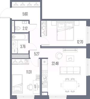 2-к квартира, строящийся дом, 63м2, 8/10 этаж