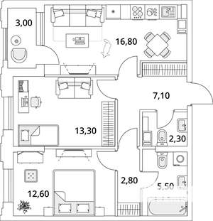 2-к квартира, строящийся дом, 62м2, 11/13 этаж