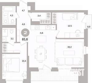 2-к квартира, вторичка, 86м2, 12/15 этаж