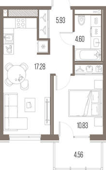 1-к квартира, строящийся дом, 39м2, 2/10 этаж